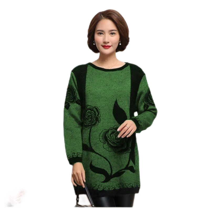 Women's Thickening crewneck fashion floral flared  knitted dress long Sweater