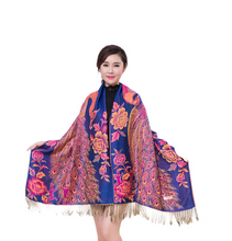 Load image into Gallery viewer, Women's warm double layer  pashmina peacock  pattern Shawl Wrap Scarf stole  w/Fringe &amp; w/gold line
