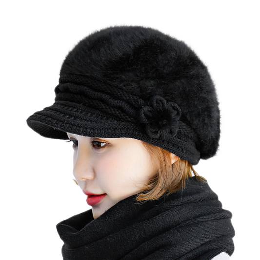 Women's solid colors visor fuzzy fleece warm hats knitted causal caps with small flower