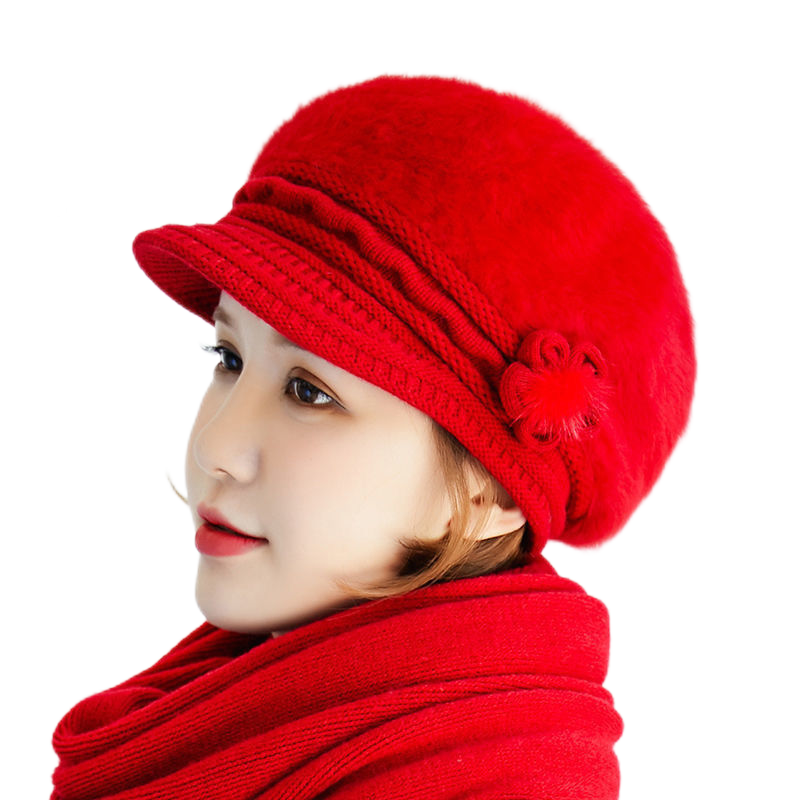 Women's solid colors visor fuzzy fleece warm hats knitted causal caps with small flower