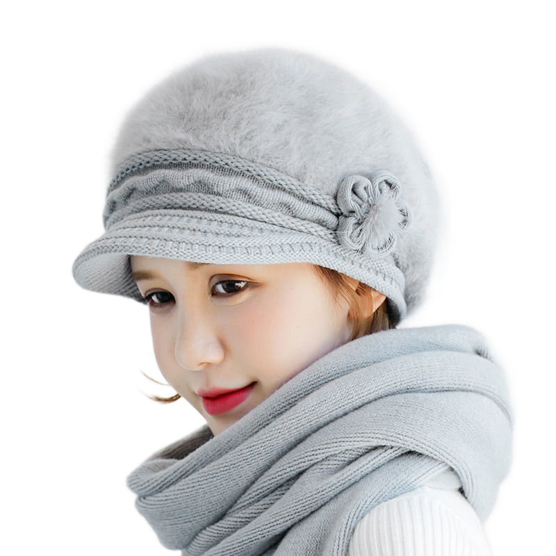 Women's solid colors visor fuzzy fleece warm hats knitted causal caps with small flower