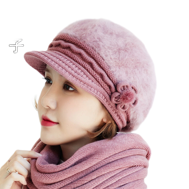 Women's solid colors visor fuzzy fleece warm hats knitted causal caps with small flower