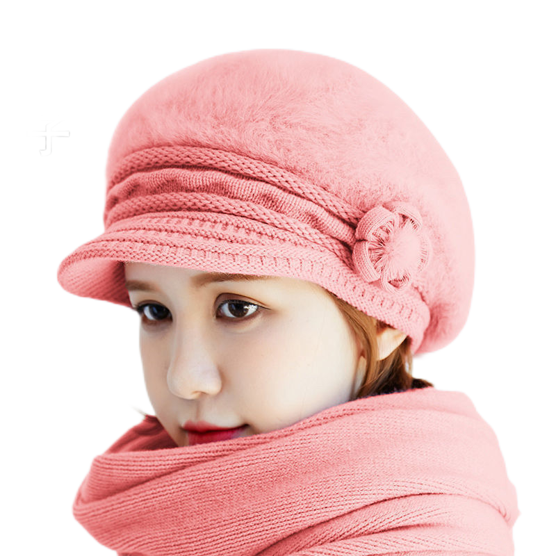 Women's solid colors visor fuzzy fleece warm hats knitted causal caps with small flower