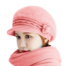 Load image into Gallery viewer, Women's solid colors visor fuzzy fleece warm hats knitted causal caps with small flower
