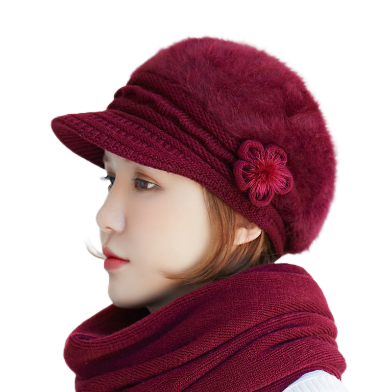 Women's solid colors visor fuzzy fleece warm hats knitted causal caps with small flower