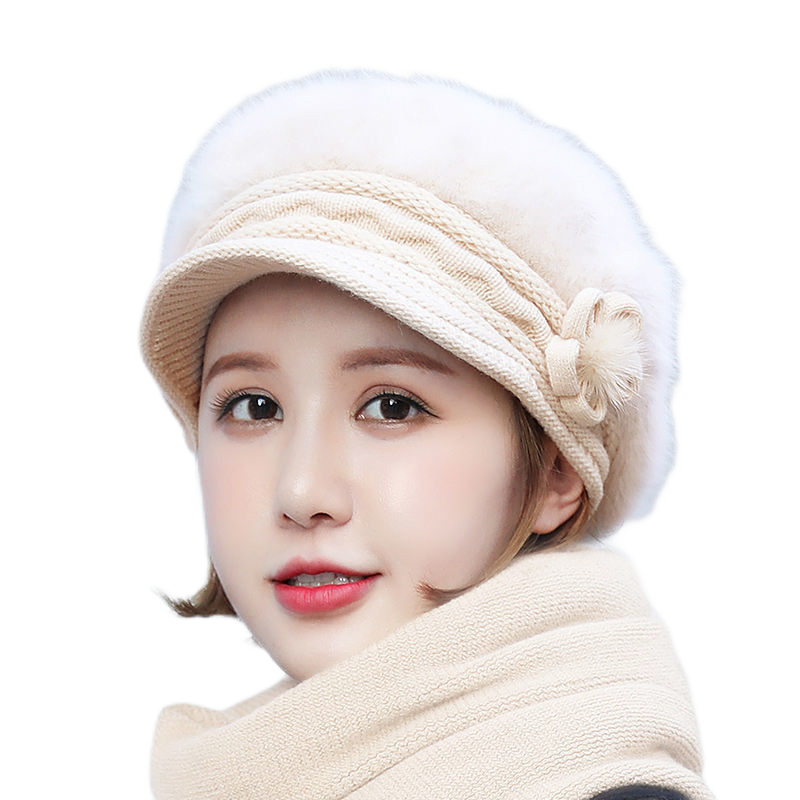Women's solid colors visor fuzzy fleece warm hats knitted causal caps with small flower