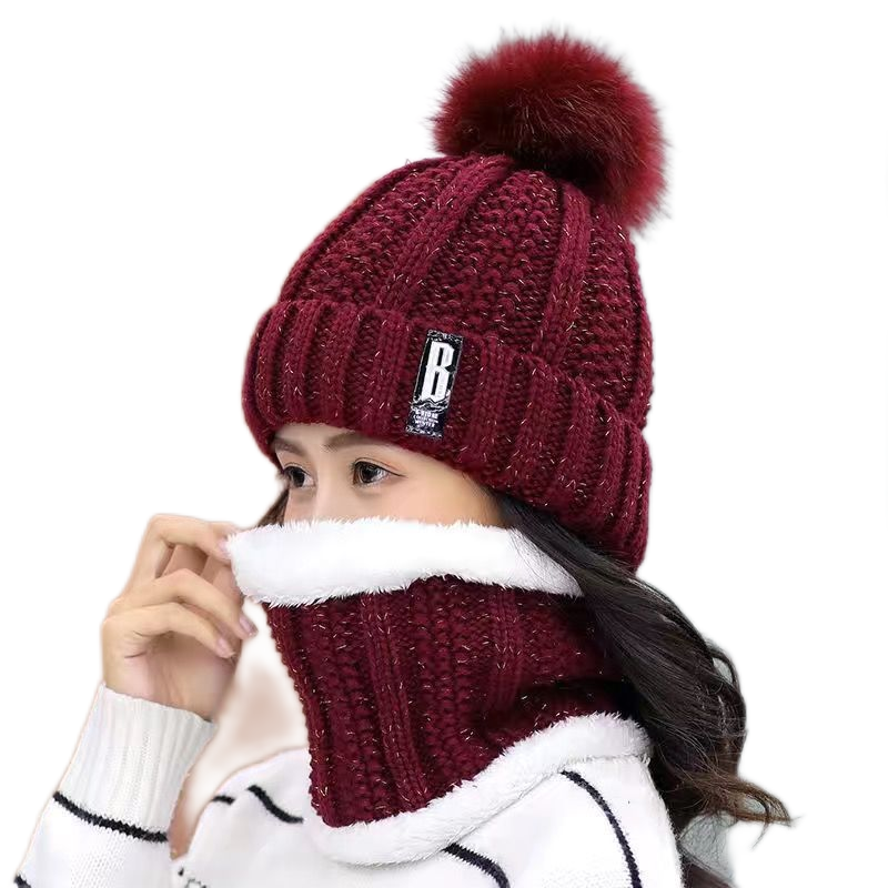 Women's  2PCS  solid knitted Beanie Hat+ scarf set Warm Fleece Lined Soft Ski  pompom Cap