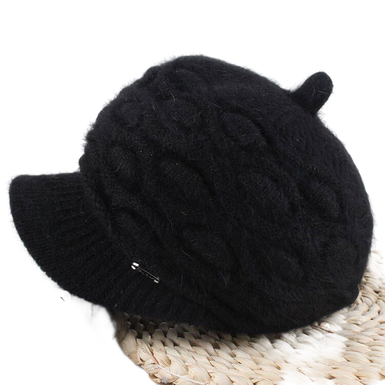 Women's solid visor  chunky knit Warm Hats rabbit fur Snow Ski Caps  Spiked top