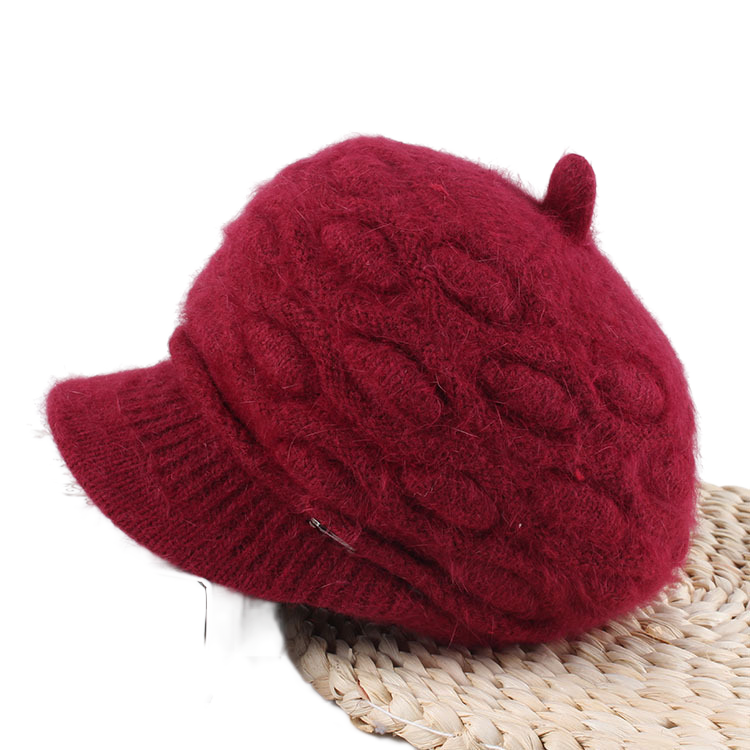 Women's solid visor  chunky knit Warm Hats rabbit fur Snow Ski Caps  Spiked top