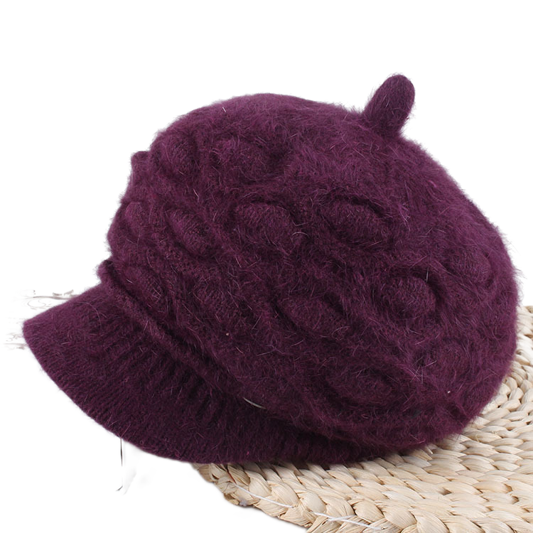 Women's solid visor  chunky knit Warm Hats rabbit fur Snow Ski Caps  Spiked top
