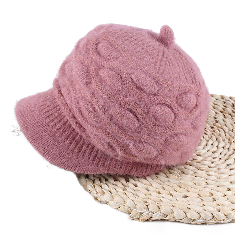 Women's solid visor  chunky knit Warm Hats rabbit fur Snow Ski Caps  Spiked top