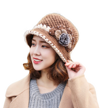 Load image into Gallery viewer, Women‘s chunky cable Crocheted warm bucket hats casual cap with fur pompom

