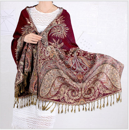 Women's pashmina paisley pattern two layer Scarves with gold line