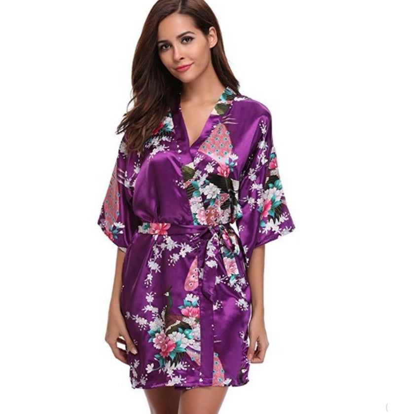 Women's Kimono short Robe with Peacock and Blossoms Pattern Printed Kimono Nightgown