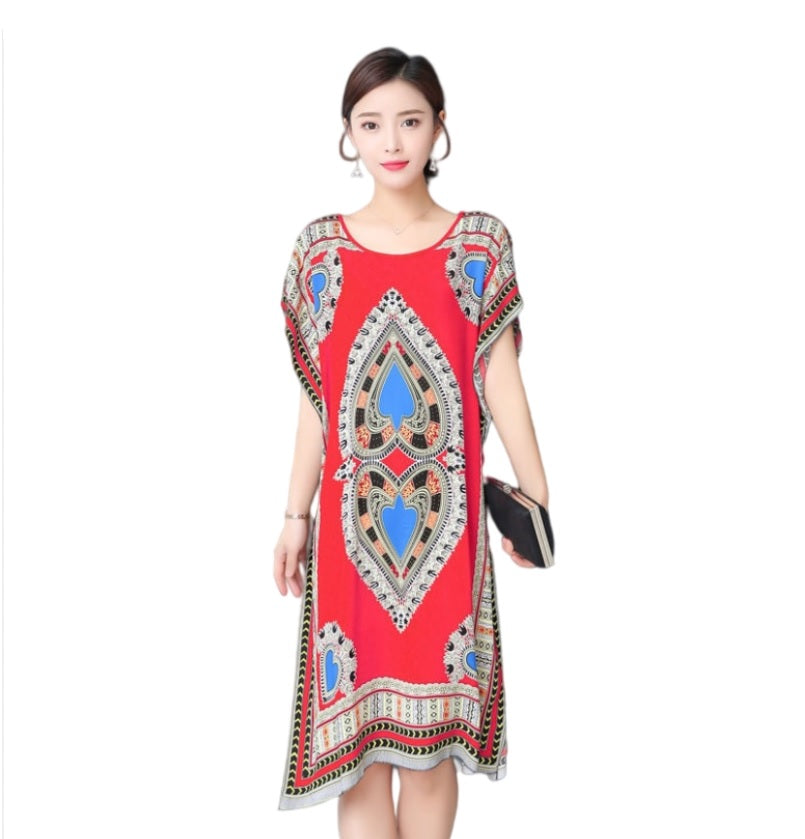 Women's  Viscose Tunic Plus Size crewneck batwing sleeve loose fit Dress  Bohemia Printed Kimono Nightgown