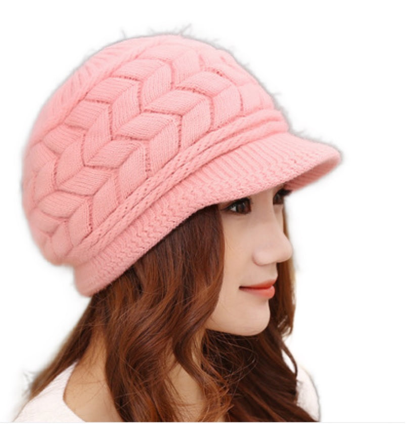 Women's  Winter  chunky cable Knit Hat  fleece lining Ski Caps with Visor