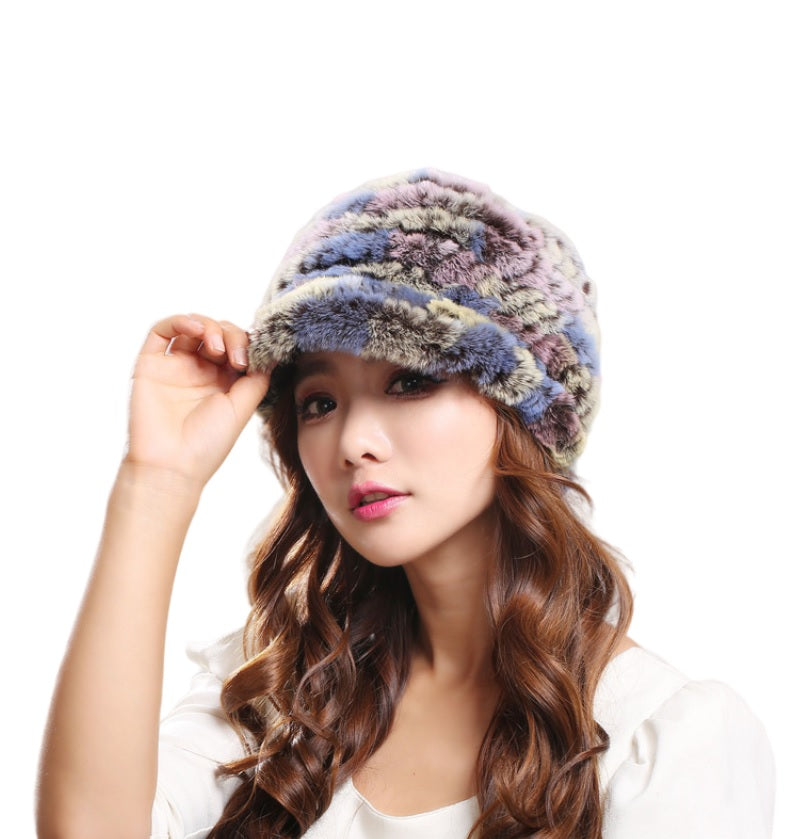Women's elegant visor  winter   Fur Russian Hat  -  knitted Warm  multicolor caps