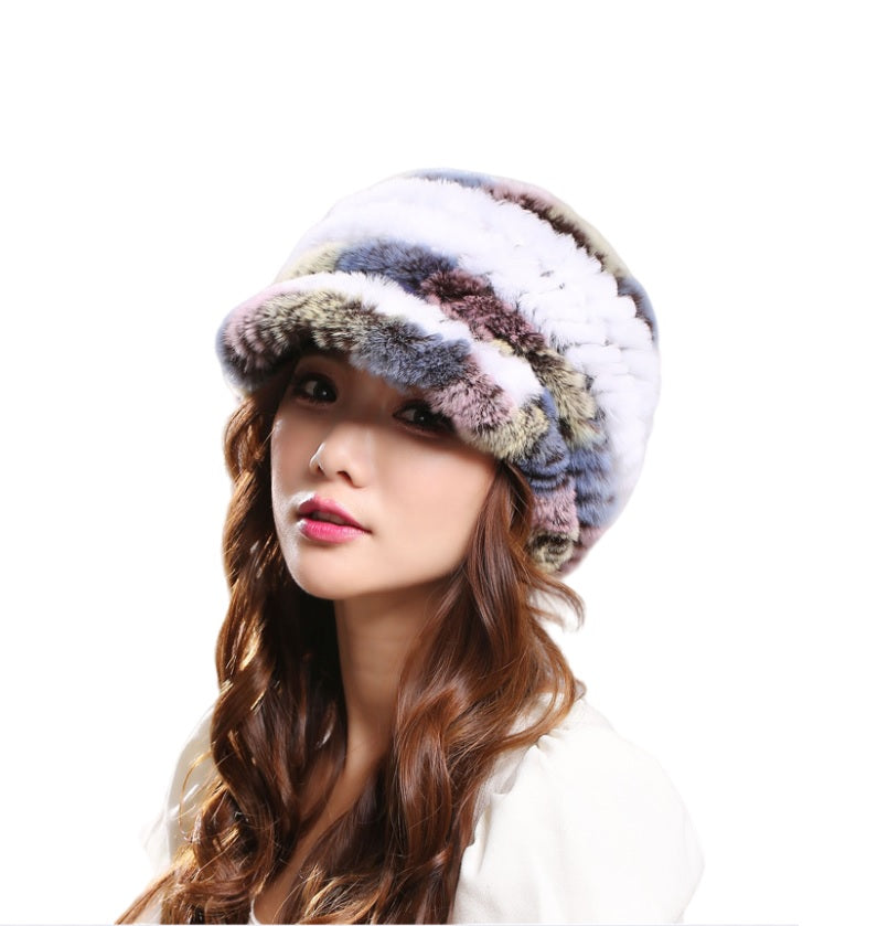 Women's elegant visor  winter   Fur Russian Hat  -  knitted Warm  multicolor caps