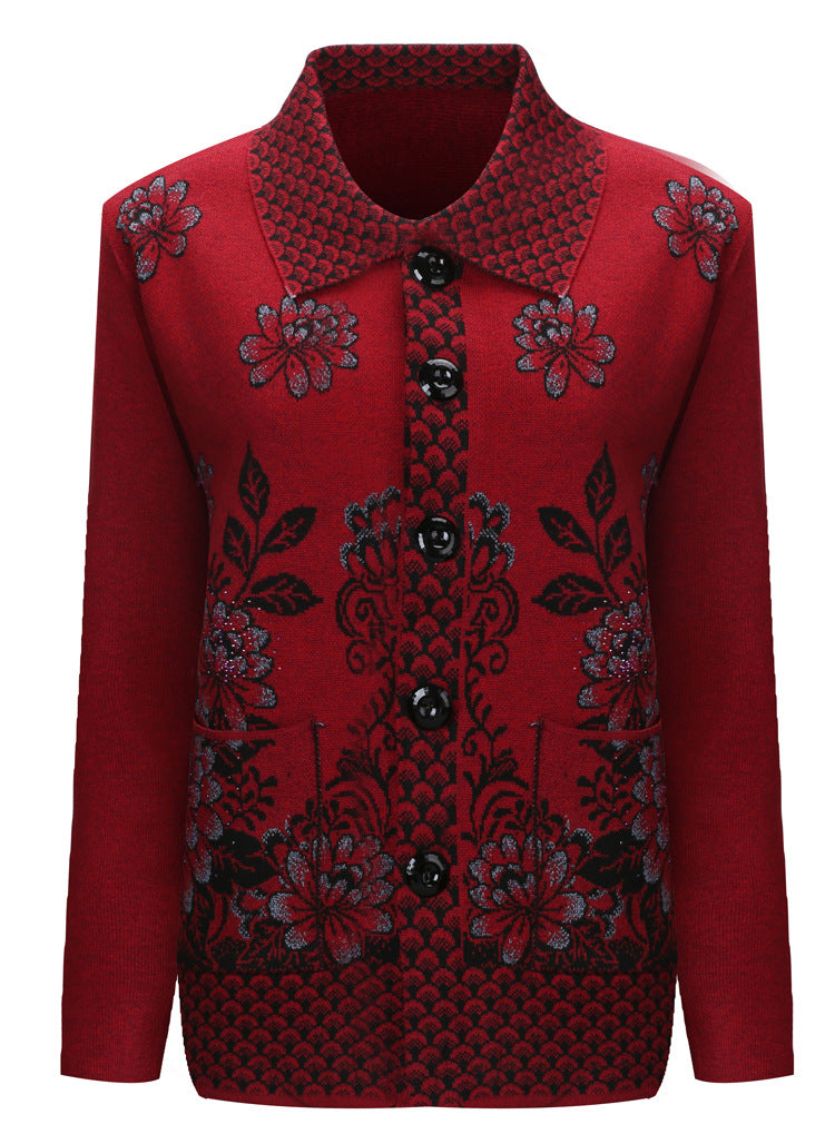 Women's lapel long sleeve open front button down Fish scales floral cardigan, knitted jacket with pockets