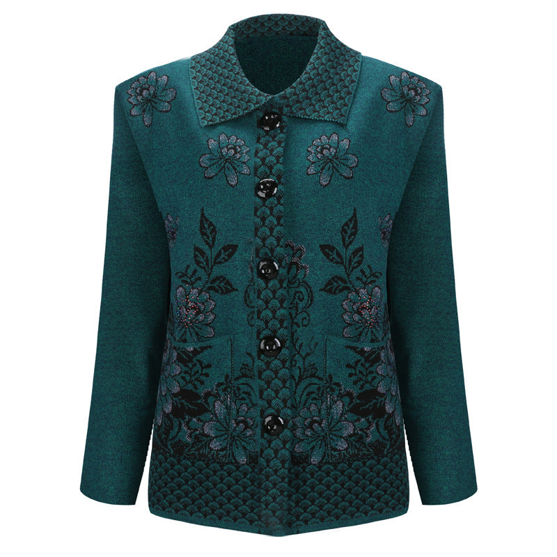 Women's lapel long sleeve open front button down Fish scales floral cardigan, knitted jacket with pockets