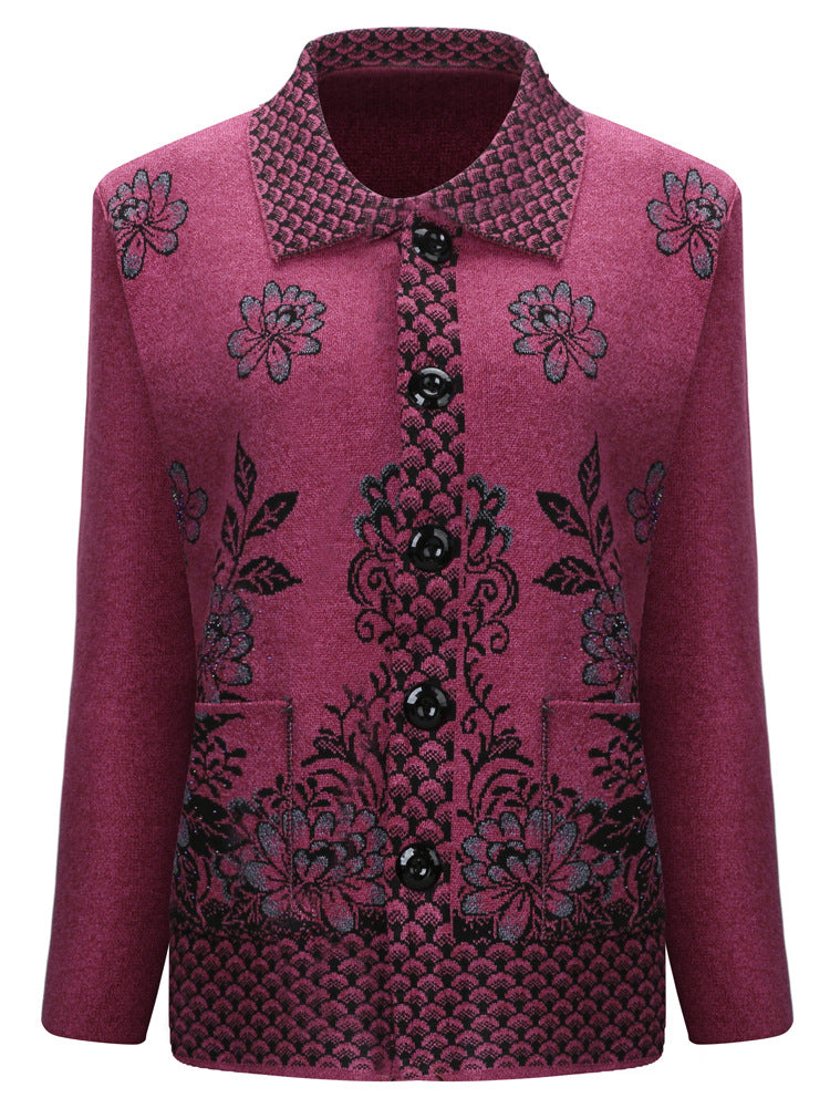 Women's lapel long sleeve open front button down Fish scales floral cardigan, knitted jacket with pockets