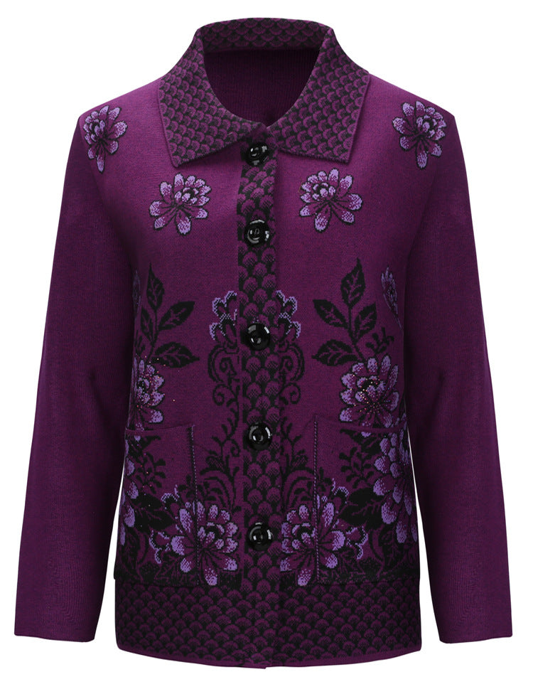 Women's lapel long sleeve open front button down Fish scales floral cardigan, knitted jacket with pockets