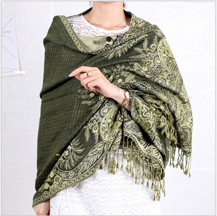 Women's pashmina paisley pattern two layer Scarves with gold line