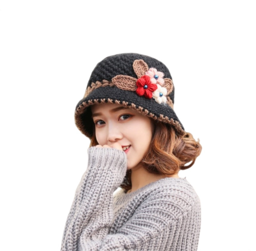 Women Warm Crocheted  Bucket caps with embroidery fleece lining cloche hats