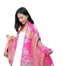 Load image into Gallery viewer, Women's warm double layer  pashmina peacock  pattern Shawl Wrap Scarf stole  w/Fringe &amp; w/gold line
