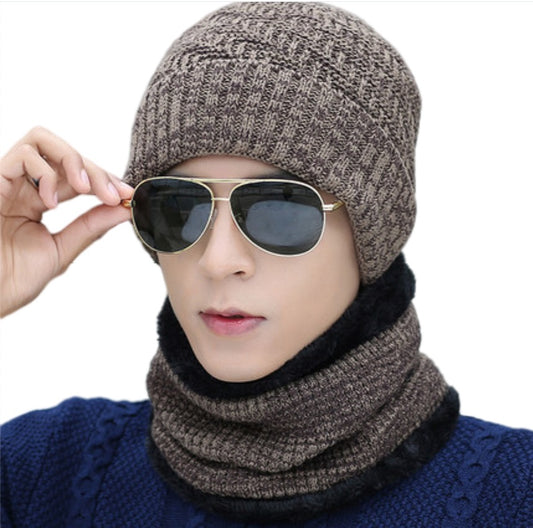 Men‘s 2PCS  Winter solid Beanie Hat + Scarf Set Warm Fleece Lined Ski Cap