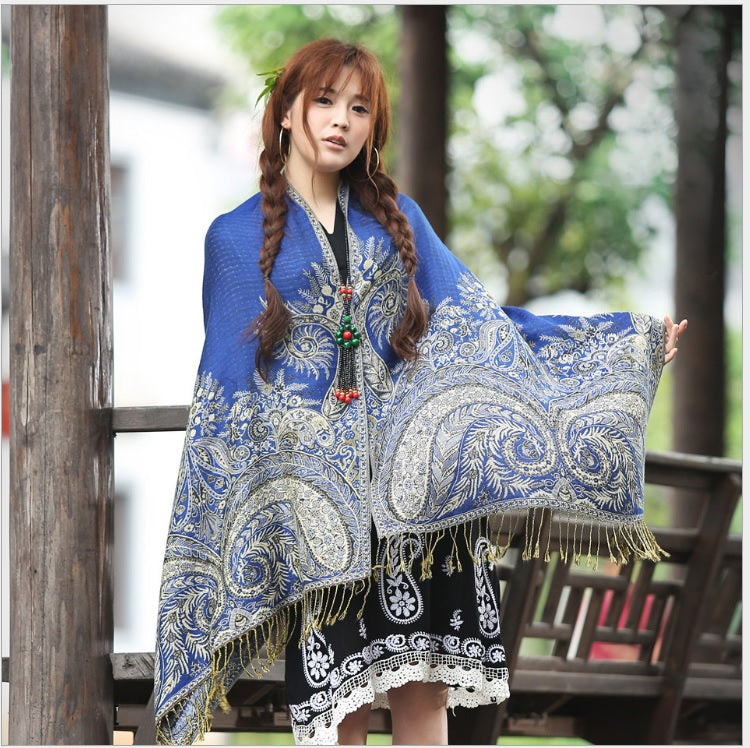 Women's pashmina paisley pattern two layer Scarves with gold line