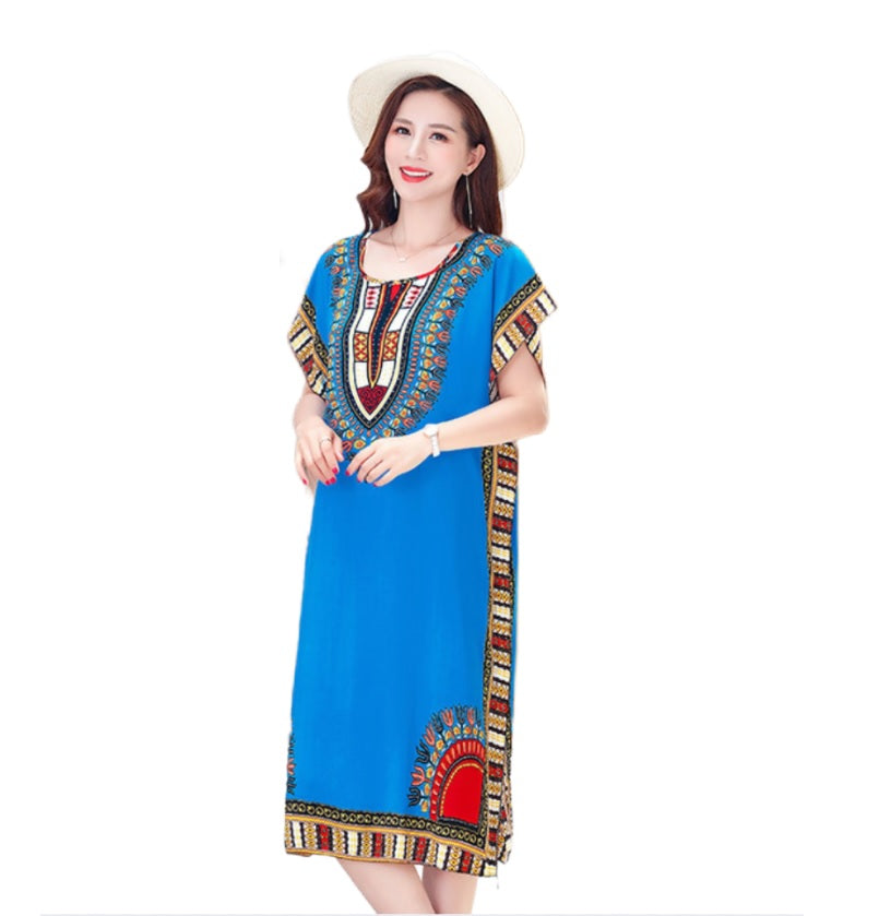 Women's  Viscose Tunic Plus Size crewneck batwing sleeve loose fit Dress  Bohemia Printed Kimono Nightgown