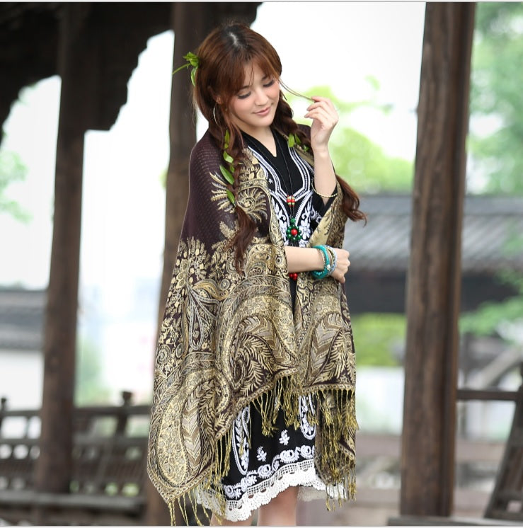 Women's pashmina paisley pattern two layer Scarves with gold line