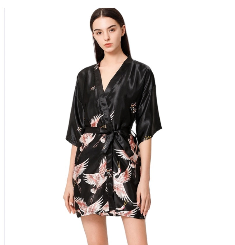 Women‘s V-neck  short Kimono Satin Dressing Gown Crane and Blossoms Sleep Lounge Nightwear  Bride Bridesmaid Robe