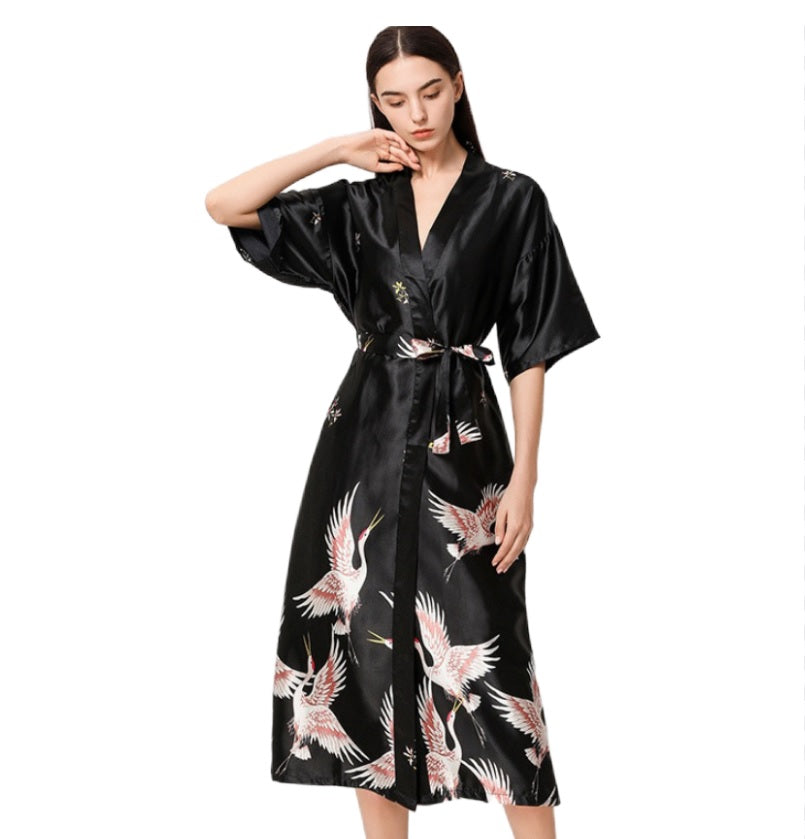 Unisex long  crane Satin kimono Blossoms Nightwear  Bride Bridesmaid Robe