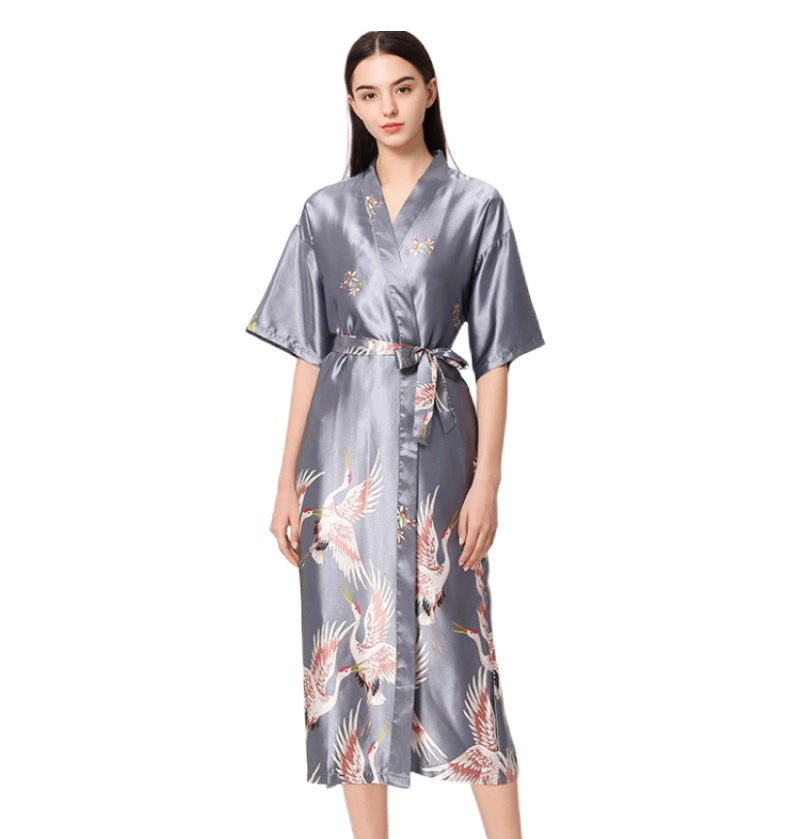 Unisex long  crane Satin kimono Blossoms Nightwear  Bride Bridesmaid Robe
