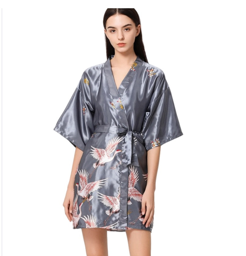 Women‘s V-neck  short Kimono Satin Dressing Gown Crane and Blossoms Sleep Lounge Nightwear  Bride Bridesmaid Robe