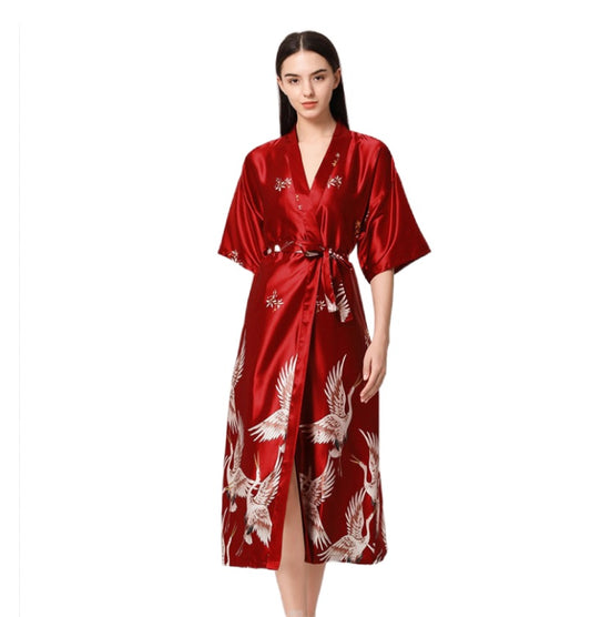 Unisex long  crane Satin kimono Blossoms Nightwear  Bride Bridesmaid Robe
