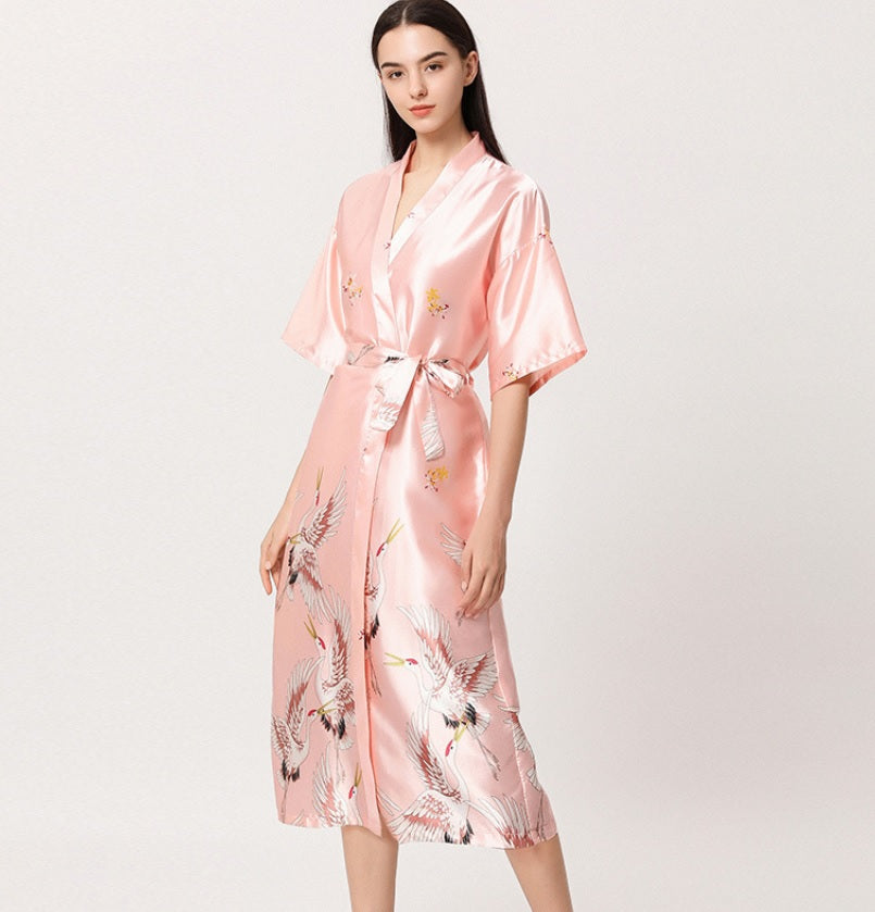 Unisex long  crane Satin kimono Blossoms Nightwear  Bride Bridesmaid Robe