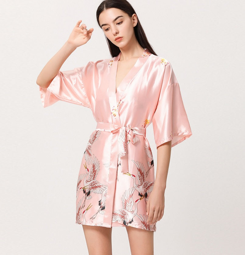 Women‘s V-neck  short Kimono Satin Dressing Gown Crane and Blossoms Sleep Lounge Nightwear  Bride Bridesmaid Robe