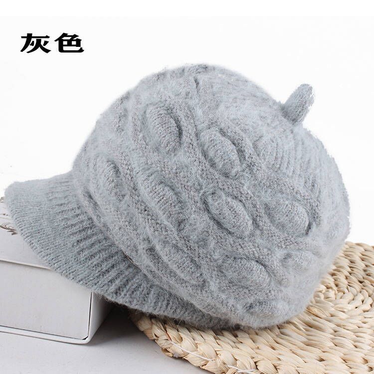 Women's solid visor  chunky knit Warm Hats rabbit fur Snow Ski Caps  Spiked top