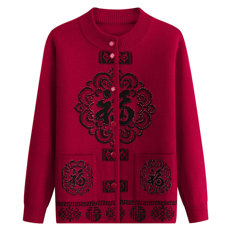Women's Turtleneck  Oriental lucky pattern Cardigan  casual Sweater