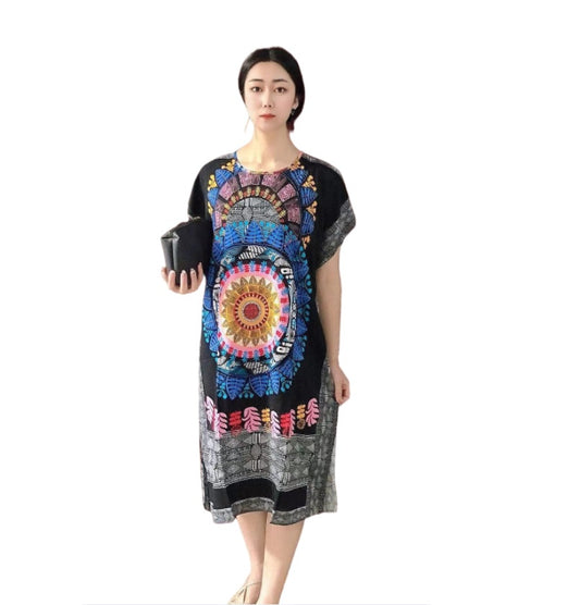 Women's  Viscose Tunic Plus Size crewneck batwing sleeve loose fit Dress  Bohemia Printed Kimono Nightgown