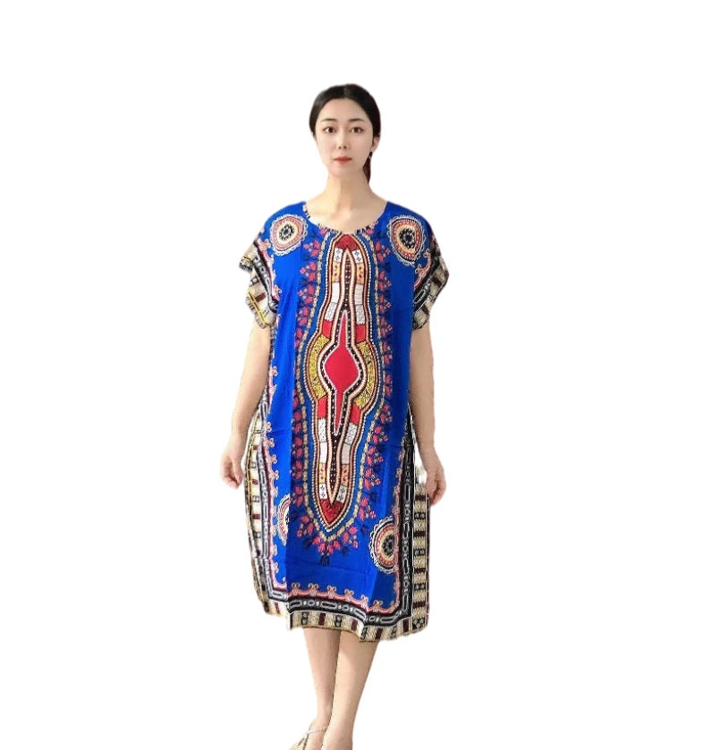 Women's  Viscose Tunic Plus Size crewneck batwing sleeve loose fit Dress  Bohemia Printed Kimono Nightgown