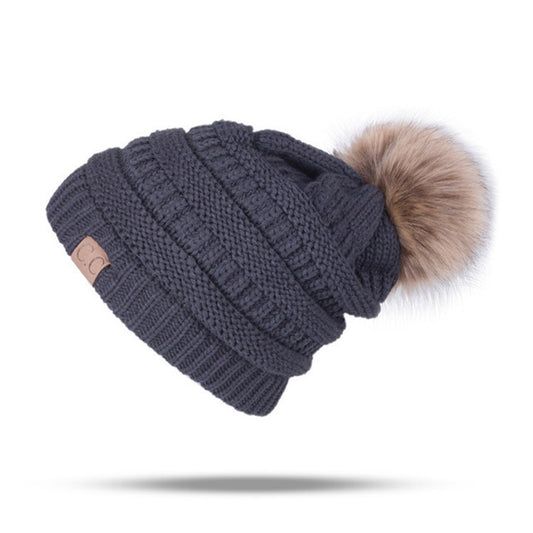 Women’s solid colors knitted beanie Hats fleece Lining caps with fur pompom
