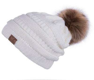 Women’s solid colors knitted beanie Hats fleece Lining caps with fur pompom