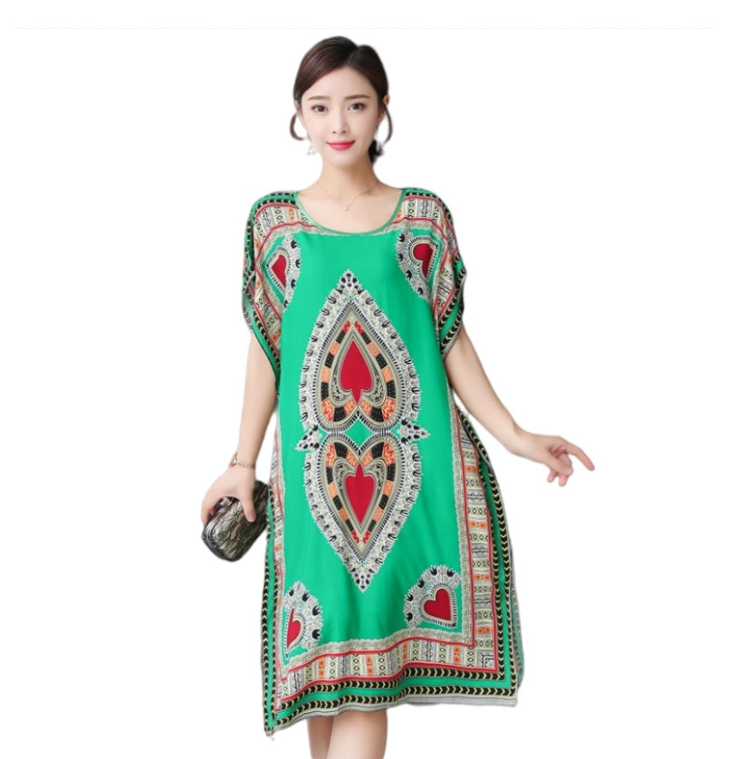 Women's  Viscose Tunic Plus Size crewneck batwing sleeve loose fit Dress  Bohemia Printed Kimono Nightgown