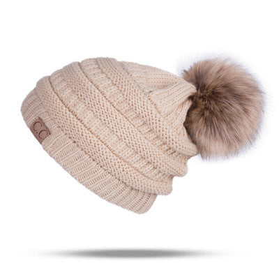Women’s solid colors knitted beanie Hats fleece Lining caps with fur pompom