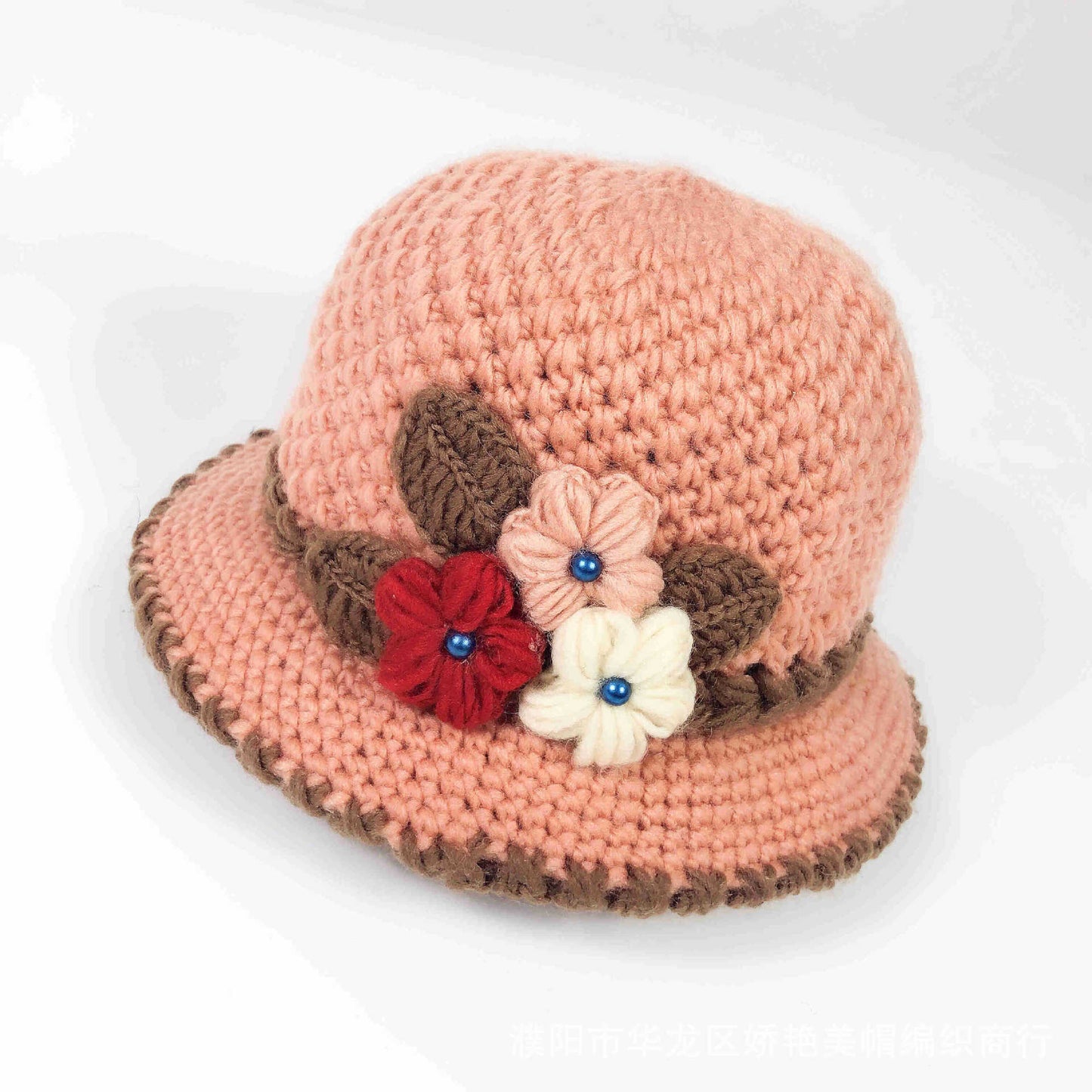 Women Warm Crocheted  Bucket caps with embroidery fleece lining cloche hats