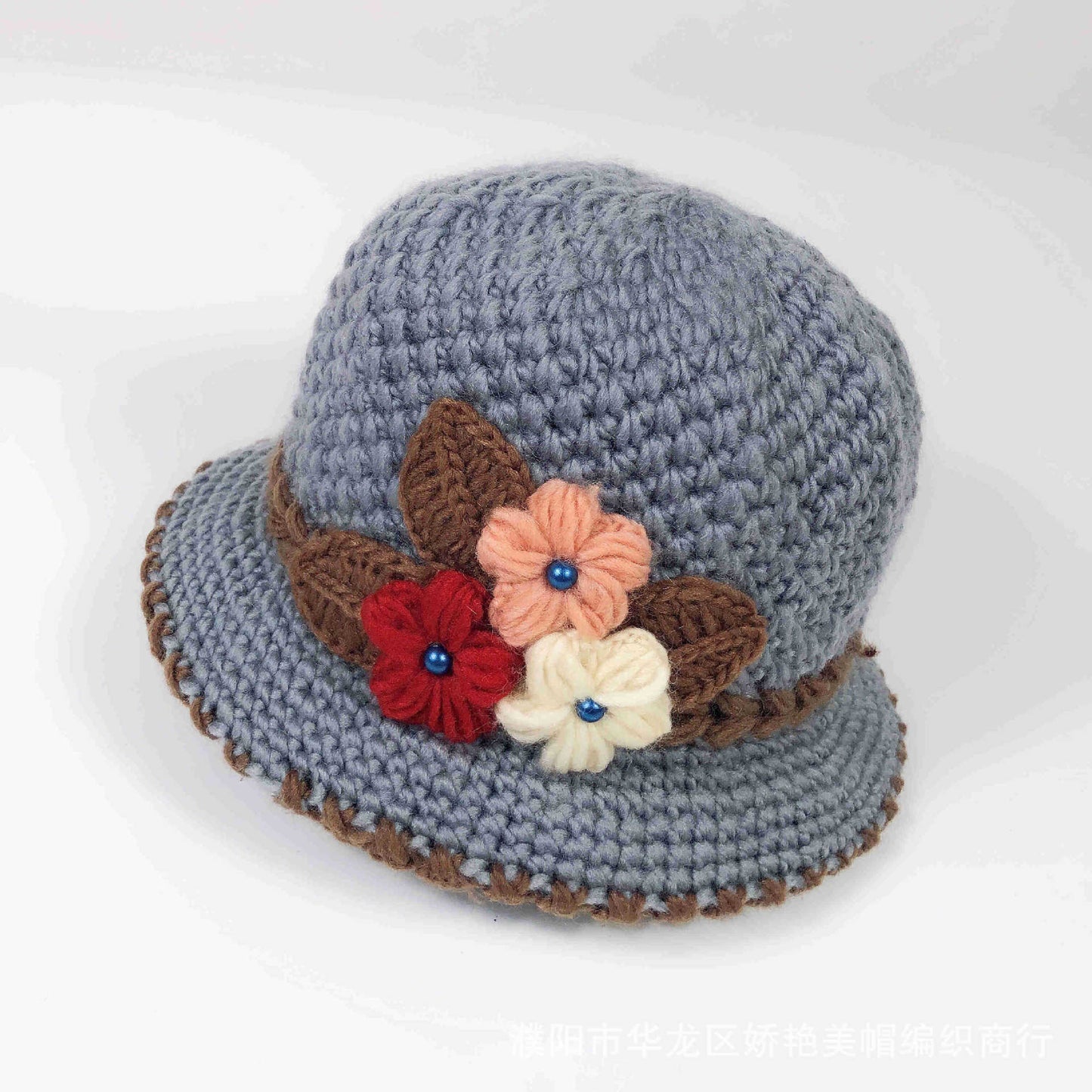 Women Warm Crocheted  Bucket caps with embroidery fleece lining cloche hats